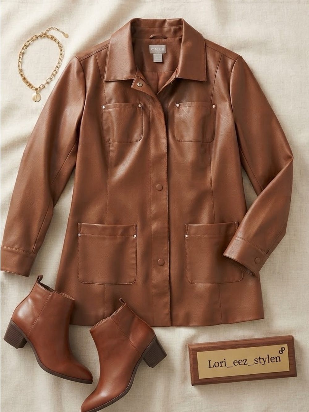 Chico's Chestnut Brown Faux Leather Long Utility Jacket